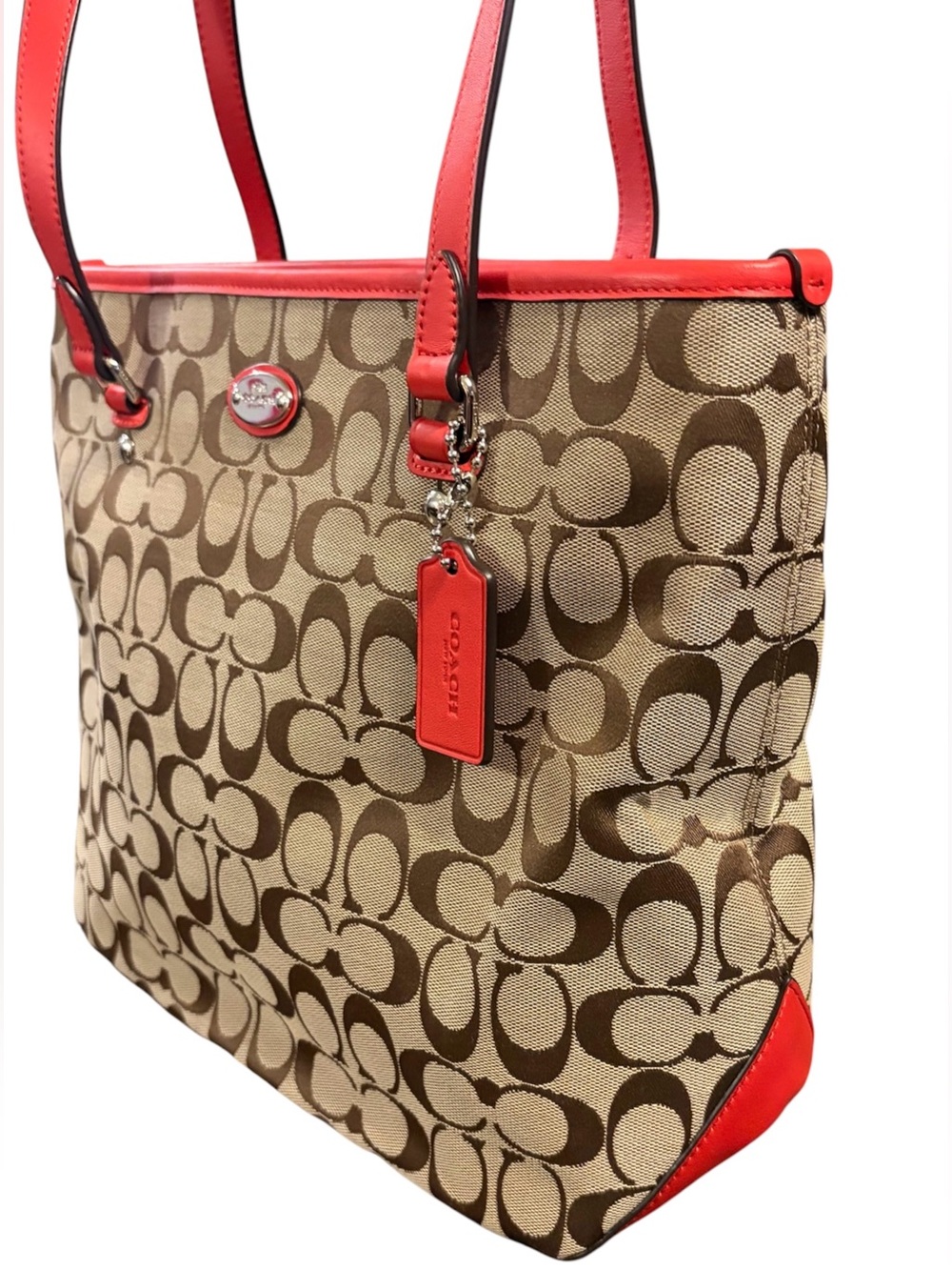 NWT Coach Signature Zip Top Tote Cardinal Red & Khaki - Picture 4 of 12